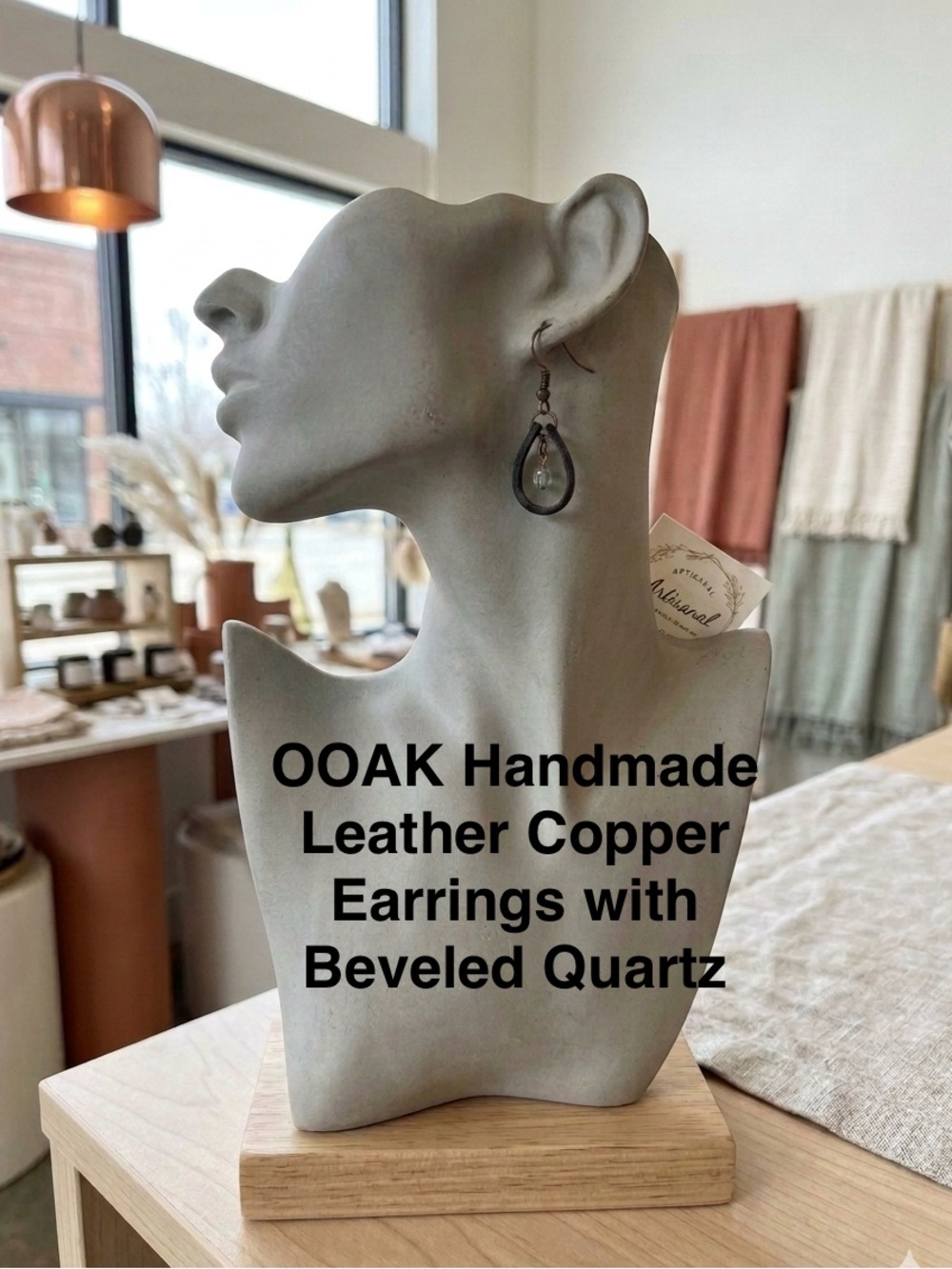 OOAK Handmade Leather Copper Beveled Quartz Hoop Earrings